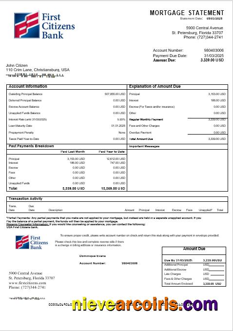 USA First Citizens bank mortgage statement